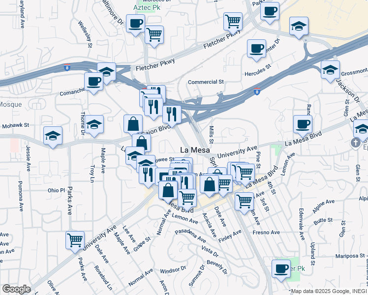 map of restaurants, bars, coffee shops, grocery stores, and more near 8088 University Avenue in La Mesa
