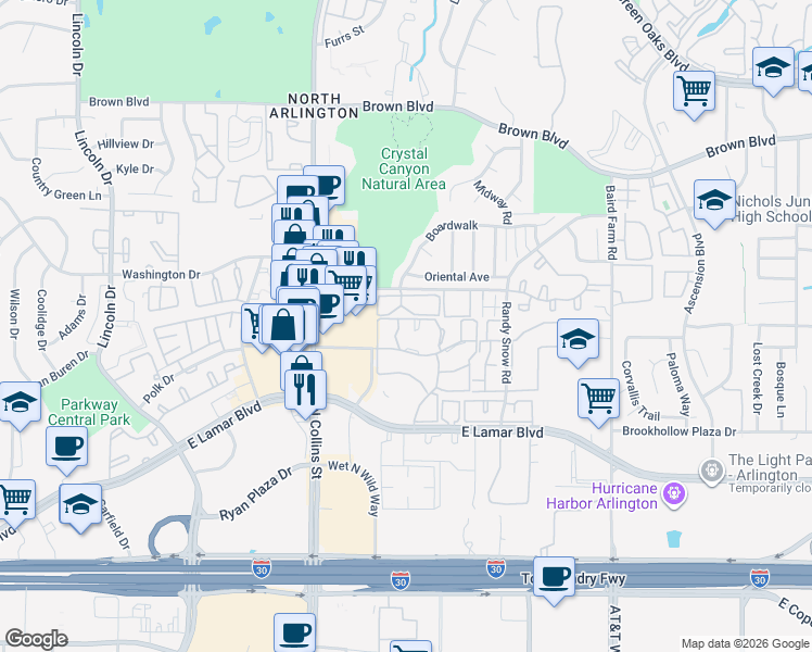 map of restaurants, bars, coffee shops, grocery stores, and more near 1201 Harwell Drive in Arlington