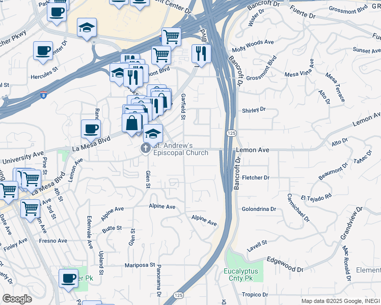 map of restaurants, bars, coffee shops, grocery stores, and more near 4870 Garfield Street in La Mesa