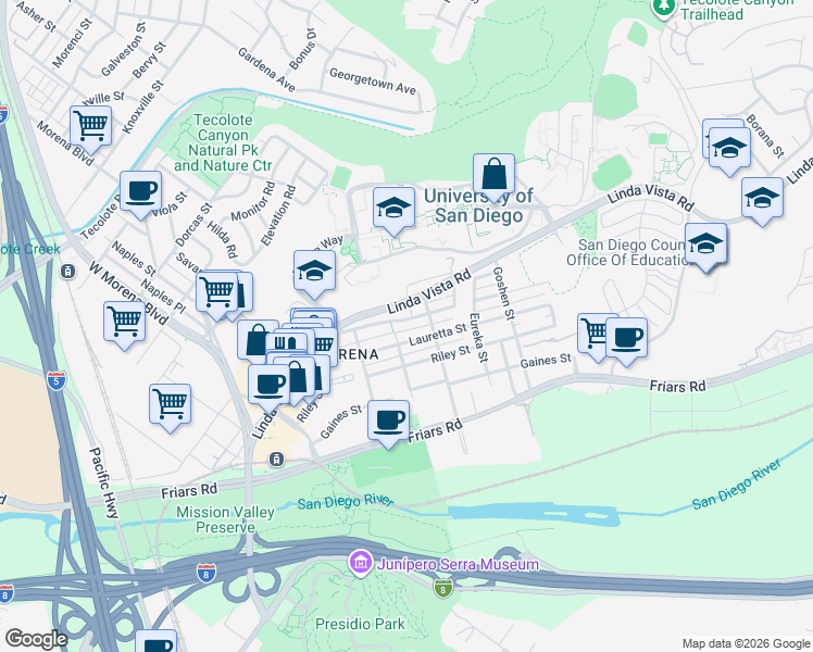 map of restaurants, bars, coffee shops, grocery stores, and more near 5621 Mildred Street in San Diego