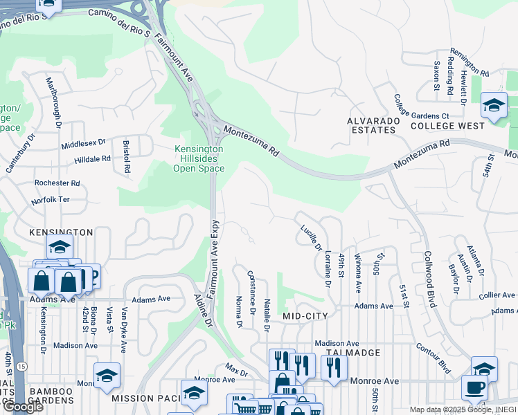 map of restaurants, bars, coffee shops, grocery stores, and more near 4613 Janet Place in San Diego