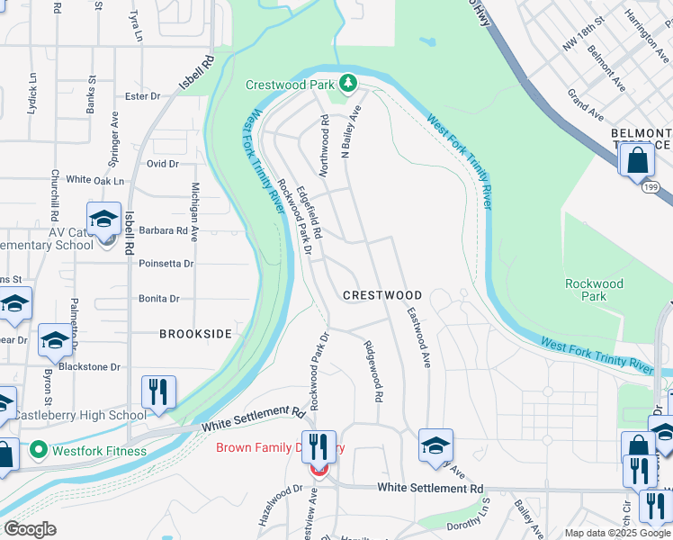 map of restaurants, bars, coffee shops, grocery stores, and more near 633 Westwood Avenue in Fort Worth