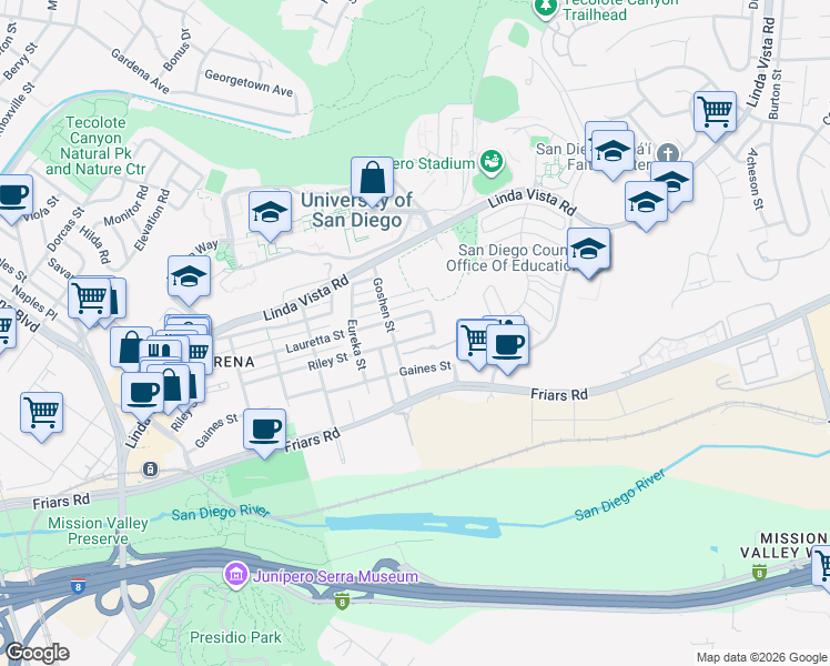 map of restaurants, bars, coffee shops, grocery stores, and more near 5938 Riley Street in San Diego