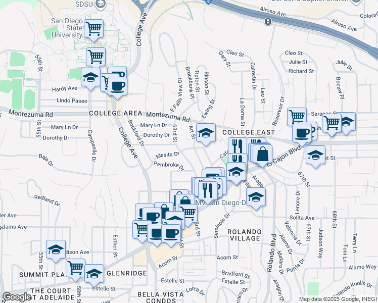 map of restaurants, bars, coffee shops, grocery stores, and more near 4944 Art Street in San Diego
