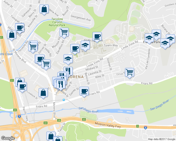 map of restaurants, bars, coffee shops, grocery stores, and more near 5621 Mildred Street in San Diego