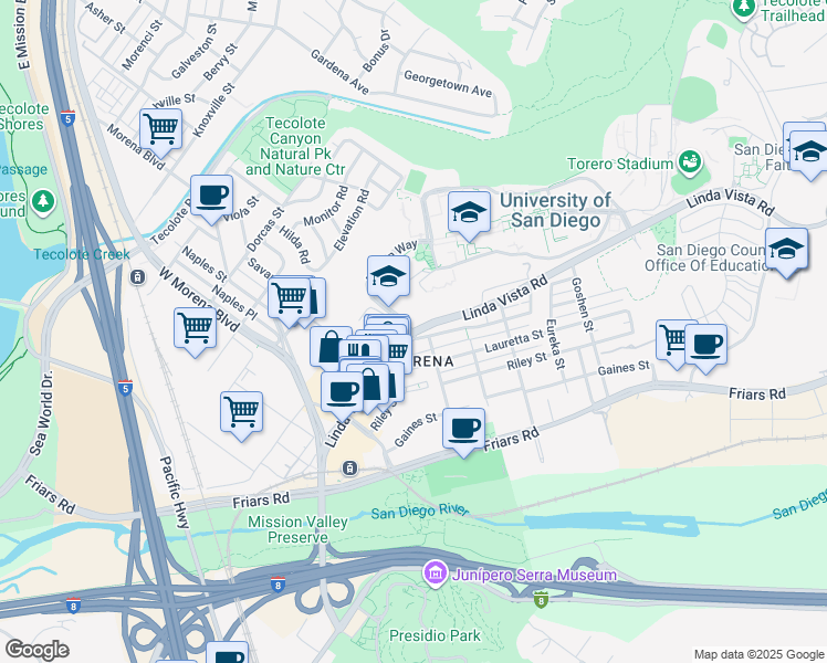 map of restaurants, bars, coffee shops, grocery stores, and more near Linda Vista Road & Mildred Street in San Diego