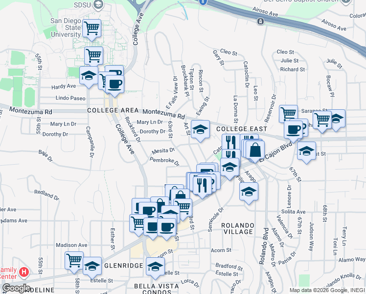map of restaurants, bars, coffee shops, grocery stores, and more near 4944 Art Street in San Diego