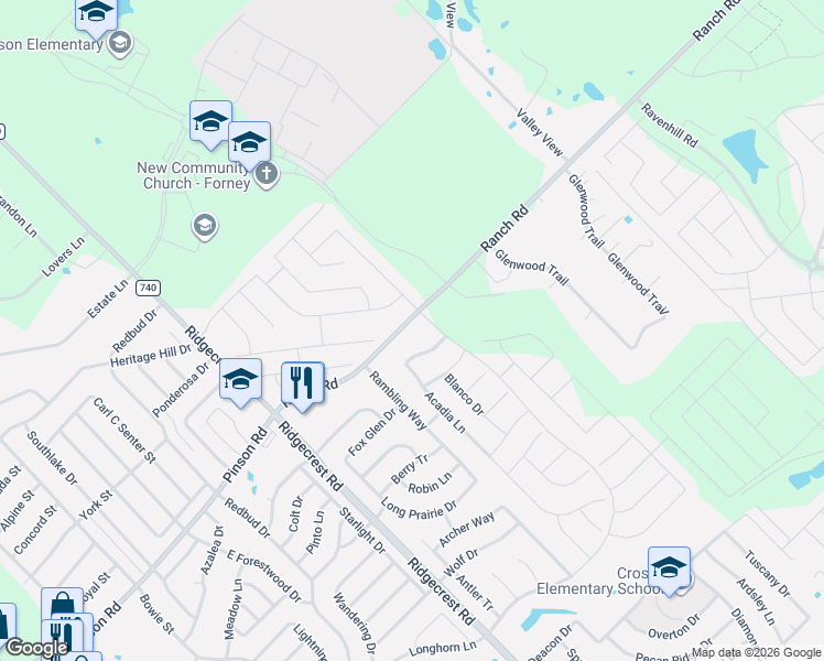 map of restaurants, bars, coffee shops, grocery stores, and more near 14634 Ranch Road in Forney