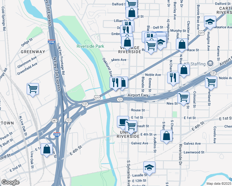 map of restaurants, bars, coffee shops, grocery stores, and more near 2408 East Belknap Street in Fort Worth
