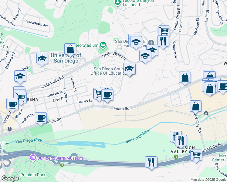 map of restaurants, bars, coffee shops, grocery stores, and more near 1109 Via Las Cumbres in San Diego