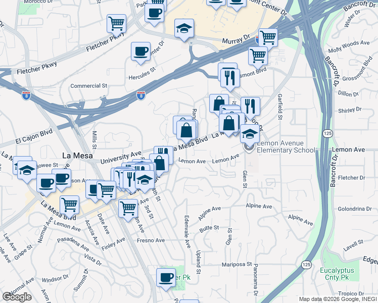map of restaurants, bars, coffee shops, grocery stores, and more near 4805 Schuyler Avenue in La Mesa