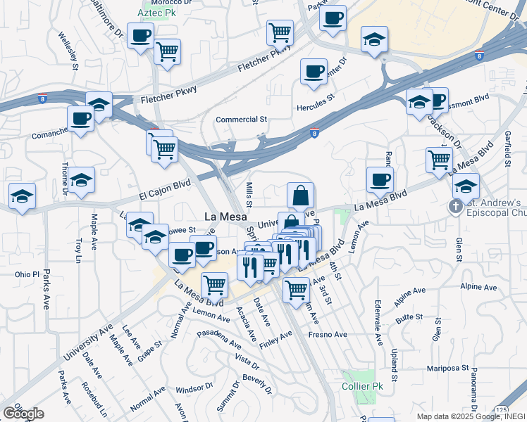 map of restaurants, bars, coffee shops, grocery stores, and more near 7643 University Avenue in La Mesa