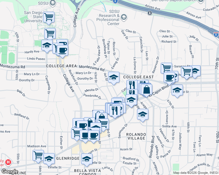 map of restaurants, bars, coffee shops, grocery stores, and more near 4944 Art Street in San Diego