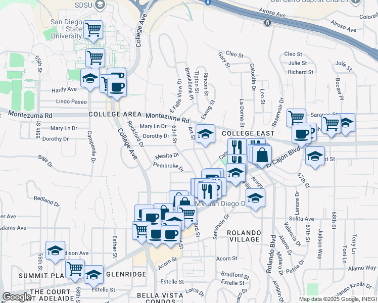map of restaurants, bars, coffee shops, grocery stores, and more near 4944 Art Street in San Diego