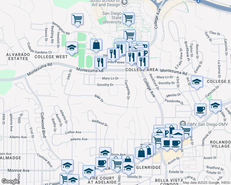 map of restaurants, bars, coffee shops, grocery stores, and more near 5643 Dorothy Way in San Diego