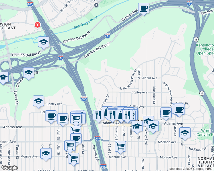 map of restaurants, bars, coffee shops, grocery stores, and more near 4912 West Mountain View Drive in San Diego