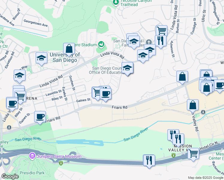 map of restaurants, bars, coffee shops, grocery stores, and more near 1109 Via Las Cumbres in San Diego