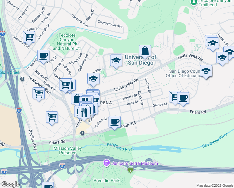 map of restaurants, bars, coffee shops, grocery stores, and more near 5604 Lauretta Street in San Diego