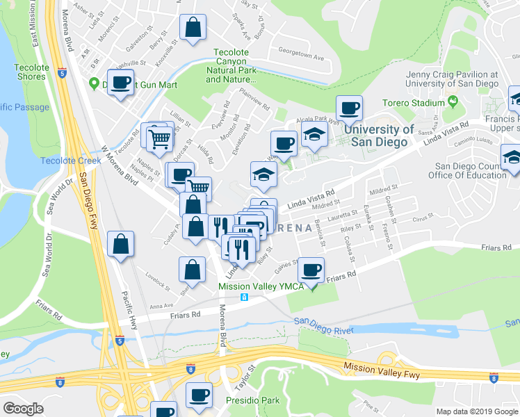 map of restaurants, bars, coffee shops, grocery stores, and more near 5411 Linda Vista Road in San Diego