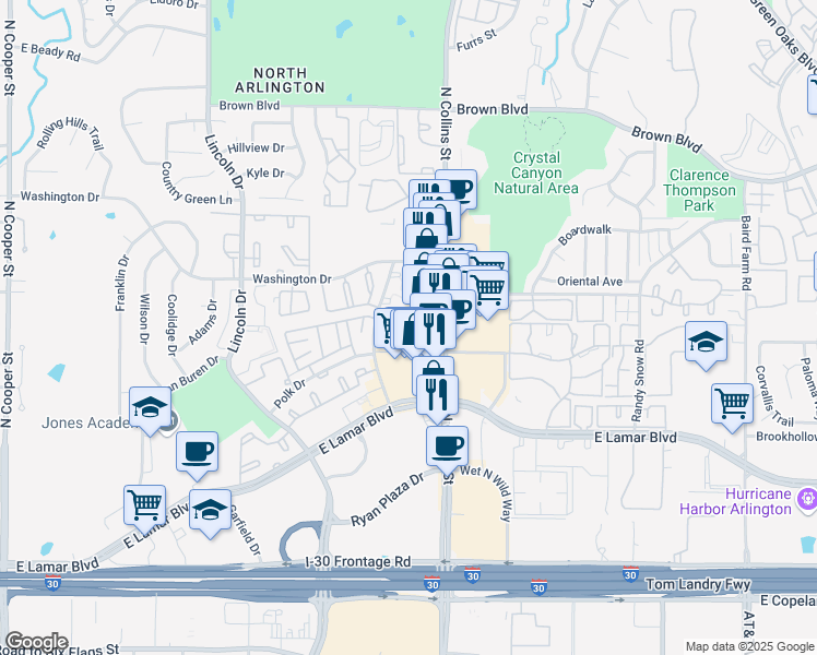 map of restaurants, bars, coffee shops, grocery stores, and more near 2100 North Collins Street in Arlington