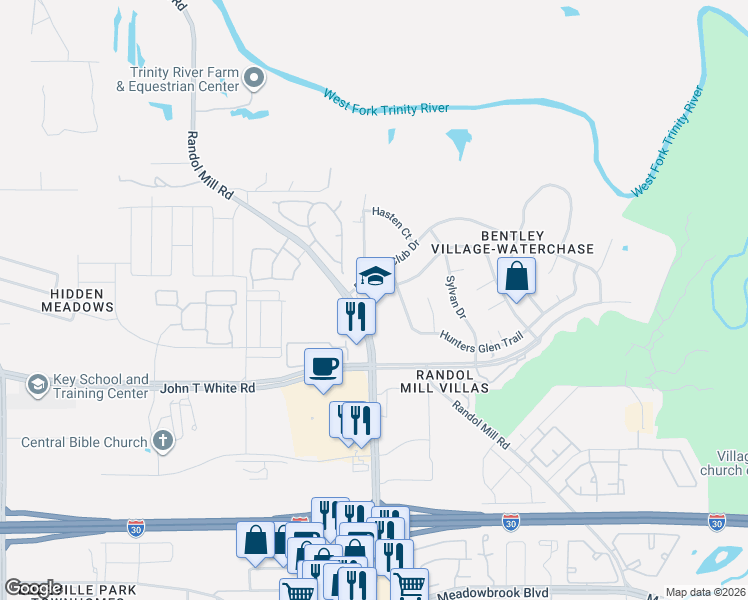 map of restaurants, bars, coffee shops, grocery stores, and more near 8601 Randol Mill Road in Fort Worth
