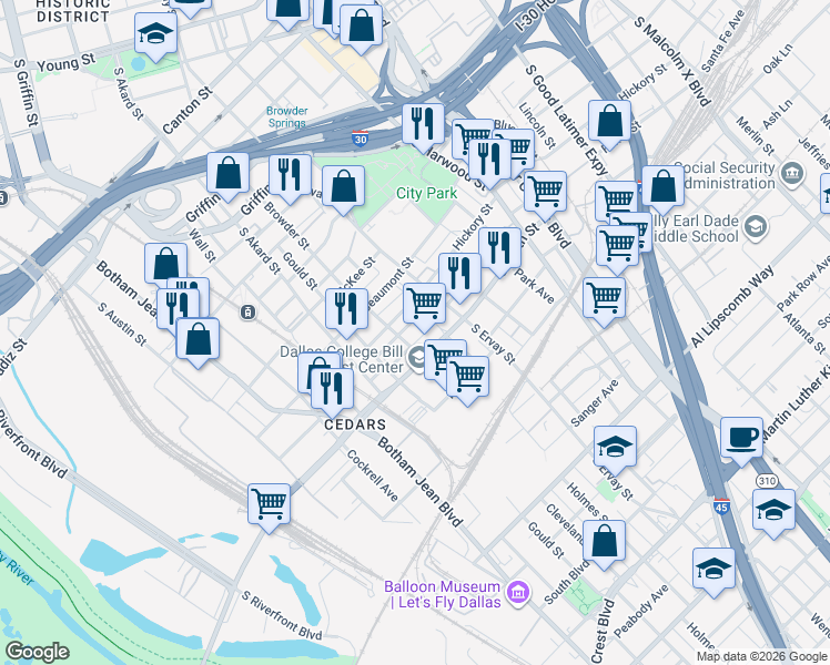 map of restaurants, bars, coffee shops, grocery stores, and more near 2009 Browder Street in Dallas