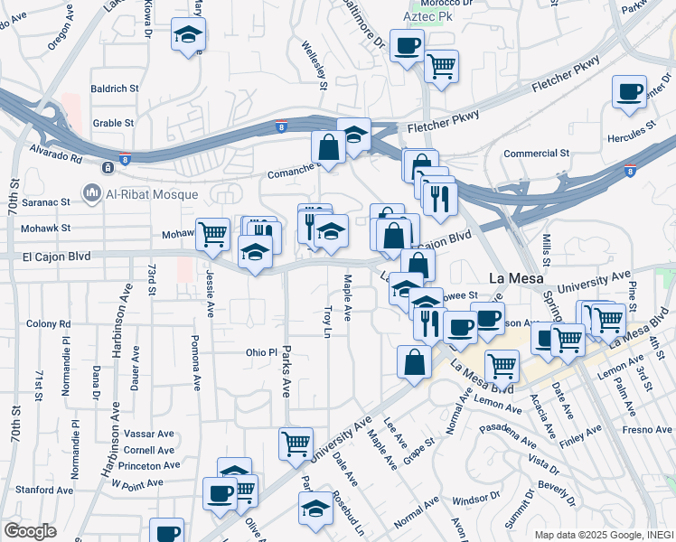 map of restaurants, bars, coffee shops, grocery stores, and more near 7715 El Cajon Boulevard in La Mesa