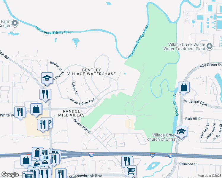 map of restaurants, bars, coffee shops, grocery stores, and more near 8928 Hunters Glen Trail in Fort Worth