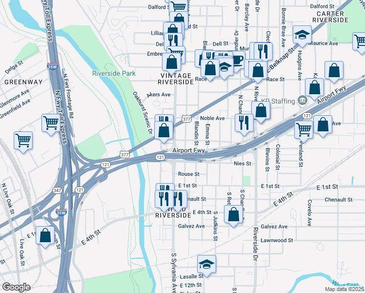 map of restaurants, bars, coffee shops, grocery stores, and more near 2605 Airport Freeway in Fort Worth