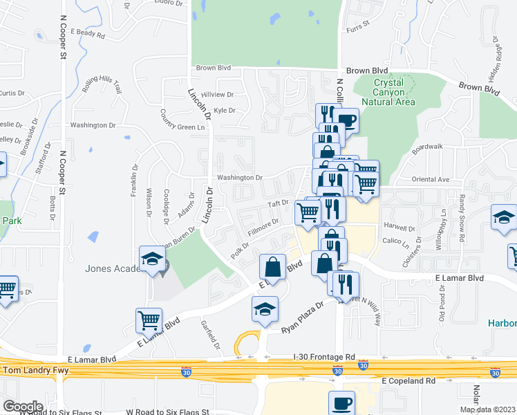 map of restaurants, bars, coffee shops, grocery stores, and more near 2198 Buchanan Drive in Arlington