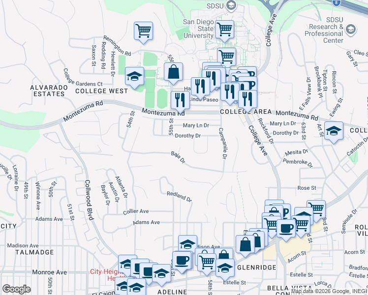 map of restaurants, bars, coffee shops, grocery stores, and more near 4941 Baja Court in San Diego