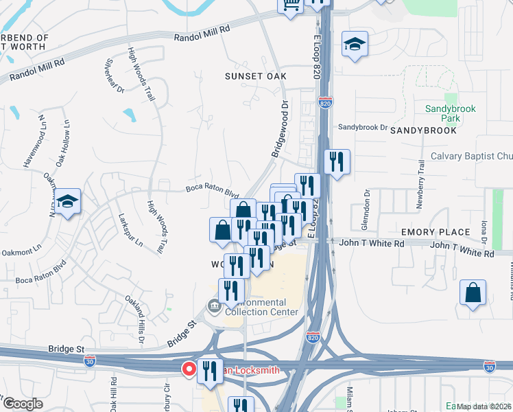 map of restaurants, bars, coffee shops, grocery stores, and more near 6500 Boca Raton Boulevard in Fort Worth