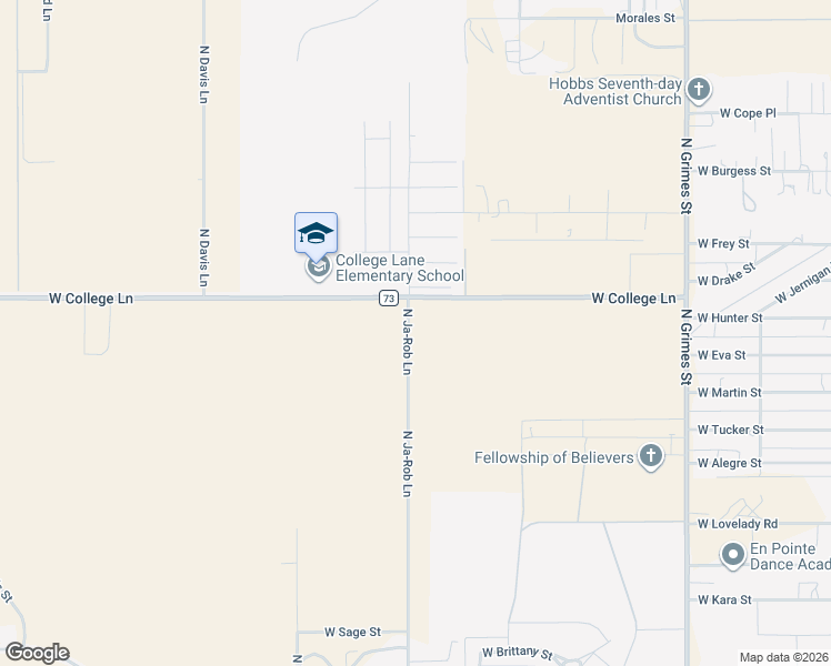 map of restaurants, bars, coffee shops, grocery stores, and more near 6016 North Ja-Rob Lane in Hobbs