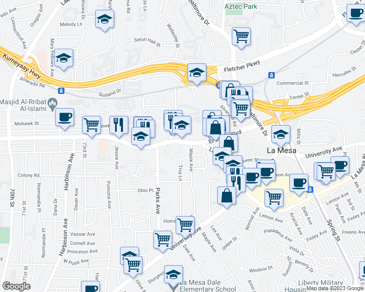 map of restaurants, bars, coffee shops, grocery stores, and more near 7705 El Cajon Boulevard in La Mesa
