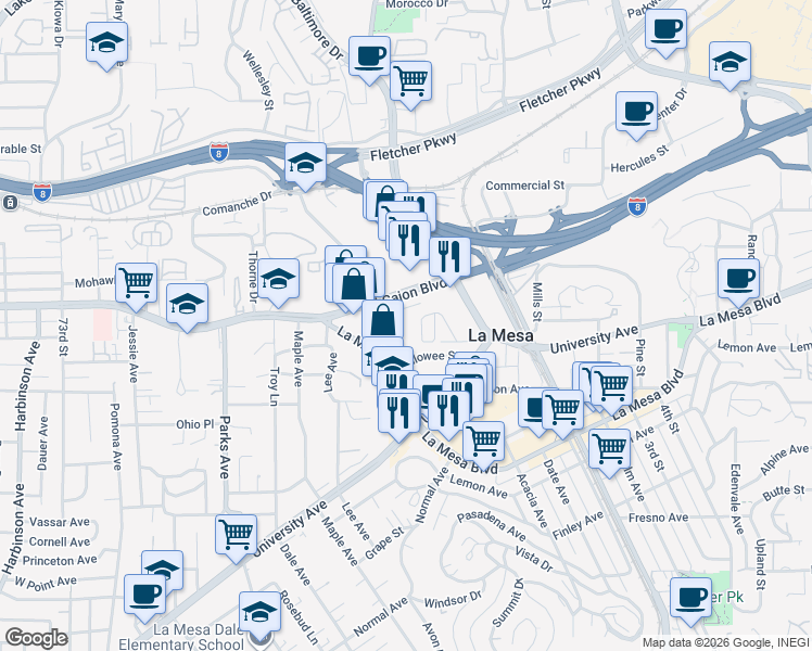 map of restaurants, bars, coffee shops, grocery stores, and more near 4935 Clearview Way in La Mesa