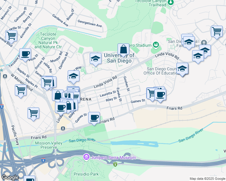 map of restaurants, bars, coffee shops, grocery stores, and more near 5736 Lauretta Street in San Diego