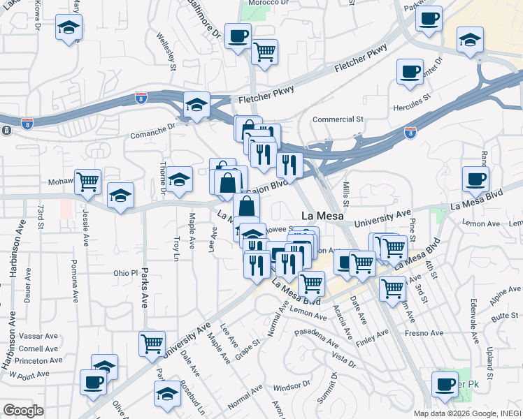 map of restaurants, bars, coffee shops, grocery stores, and more near 4935 Clearview Way in La Mesa