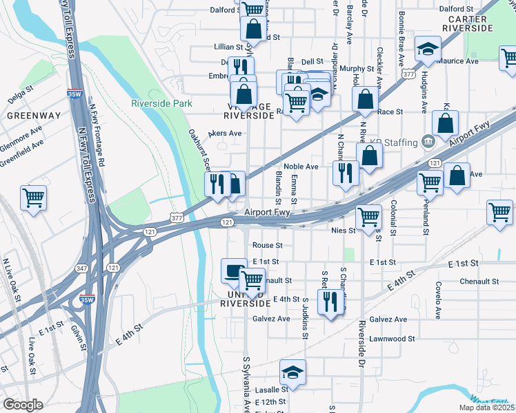 map of restaurants, bars, coffee shops, grocery stores, and more near 2605 Airport Freeway in Fort Worth