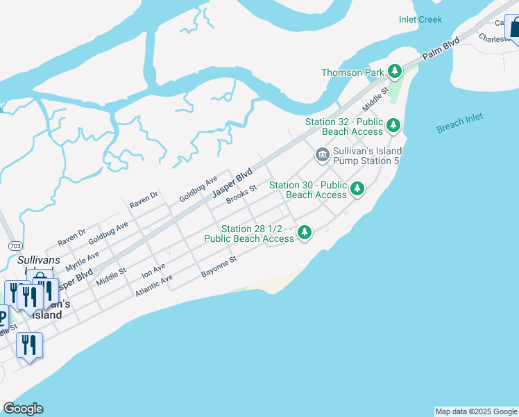 map of restaurants, bars, coffee shops, grocery stores, and more near 2814 Atlantic Avenue in Sullivan's Island