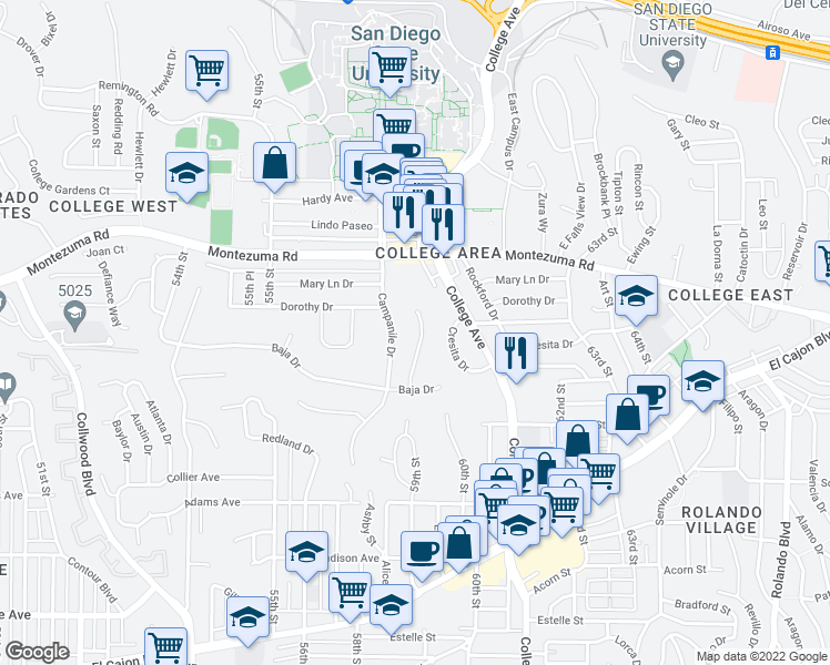 map of restaurants, bars, coffee shops, grocery stores, and more near 5002 Tierra Baja Way in San Diego