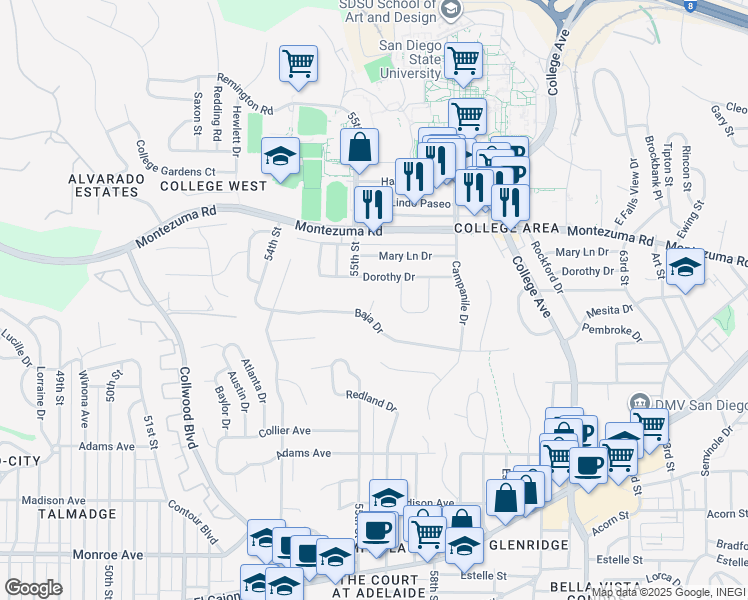 map of restaurants, bars, coffee shops, grocery stores, and more near 5562 Baja Drive in San Diego