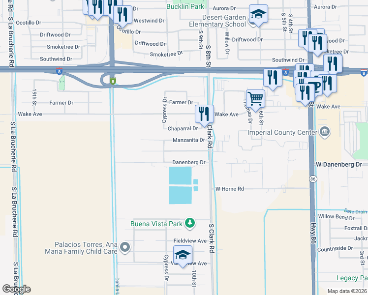 map of restaurants, bars, coffee shops, grocery stores, and more near 1002 Danenberg Drive in El Centro