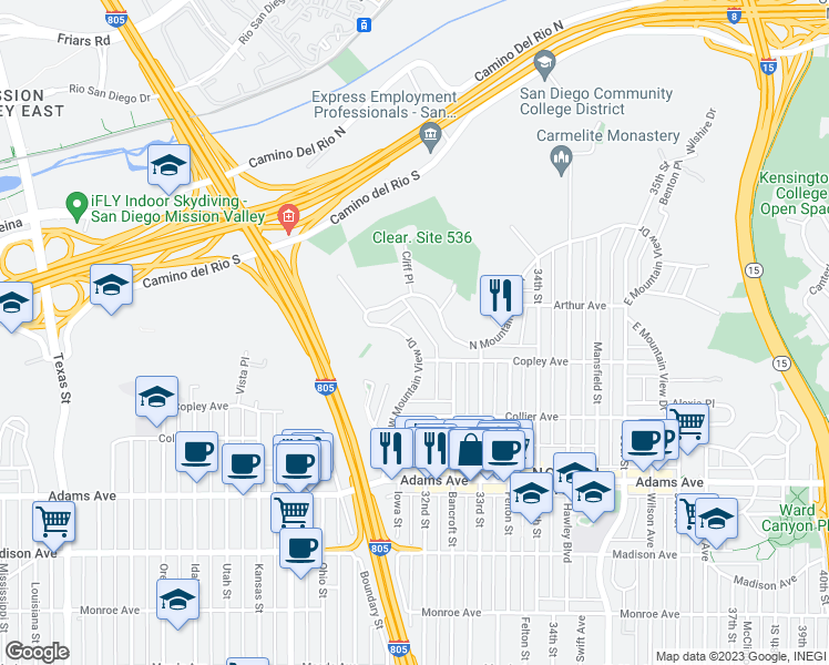 map of restaurants, bars, coffee shops, grocery stores, and more near 4929 West Mountain View Drive in San Diego