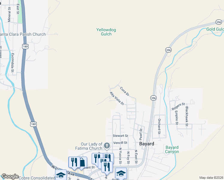 map of restaurants, bars, coffee shops, grocery stores, and more near 1 Alta Vista Drive in Bayard