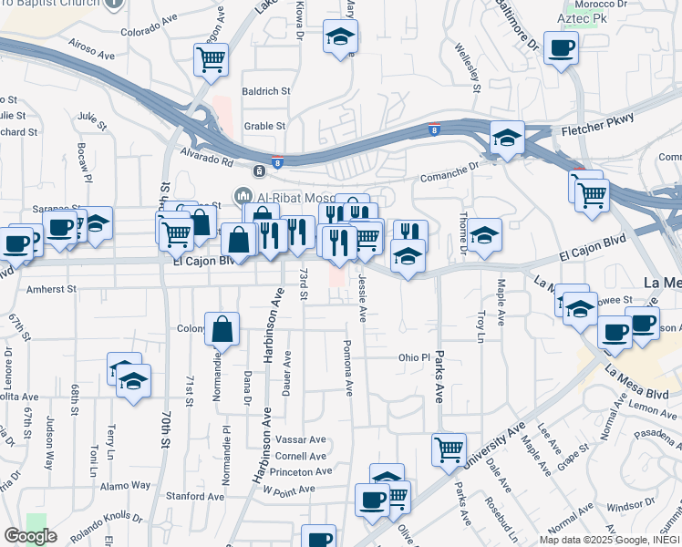 map of restaurants, bars, coffee shops, grocery stores, and more near 7370 La Mesita Place in La Mesa