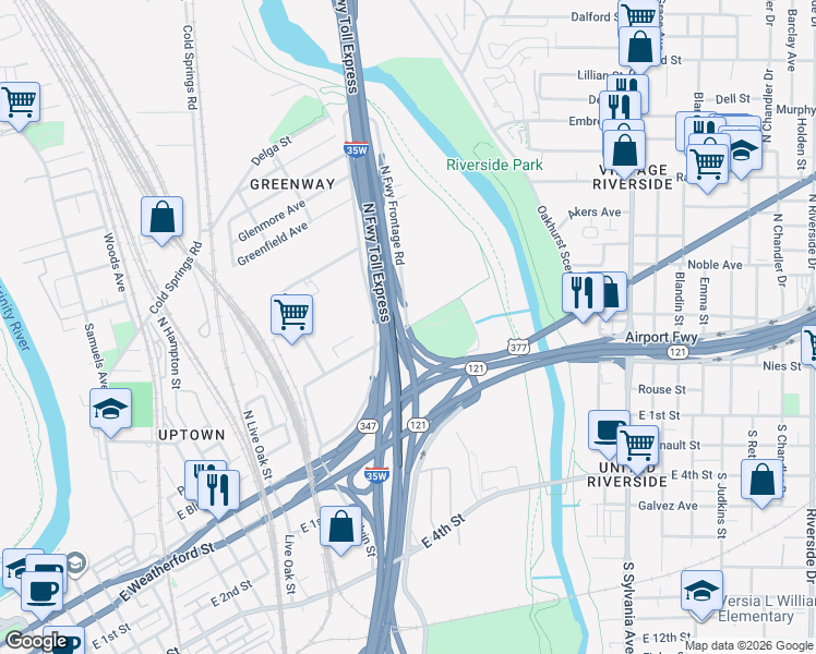 map of restaurants, bars, coffee shops, grocery stores, and more near Pharr Street in Fort Worth