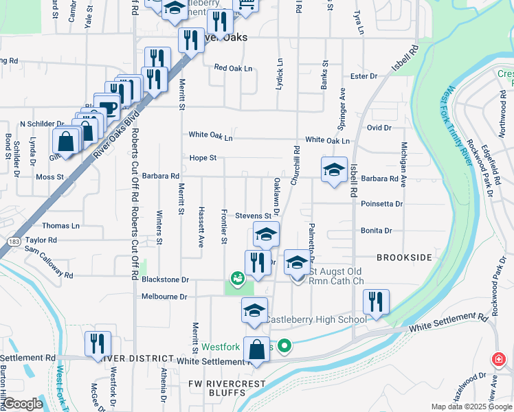 map of restaurants, bars, coffee shops, grocery stores, and more near 4763 Stevens Street in River Oaks