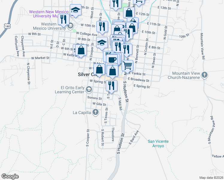 map of restaurants, bars, coffee shops, grocery stores, and more near 305 South Texas Street in Silver City