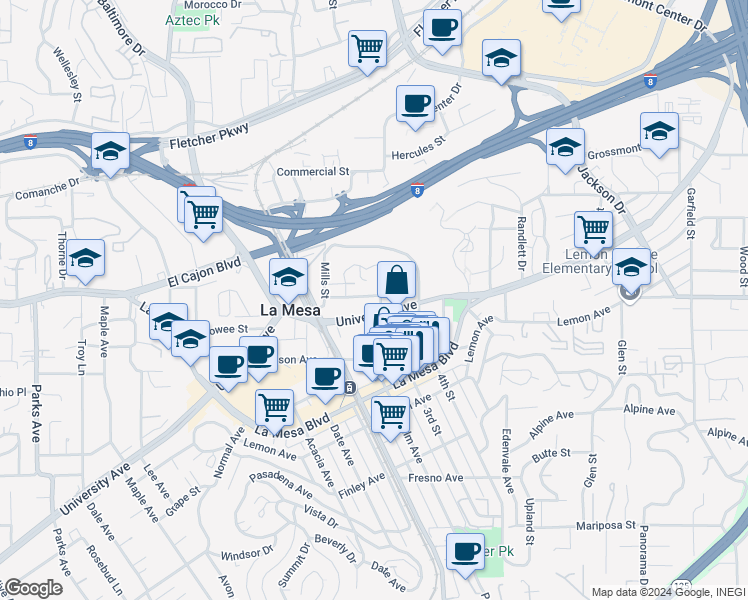 map of restaurants, bars, coffee shops, grocery stores, and more near 8291 University Avenue in La Mesa