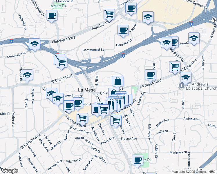 map of restaurants, bars, coffee shops, grocery stores, and more near 8291 University Avenue in La Mesa